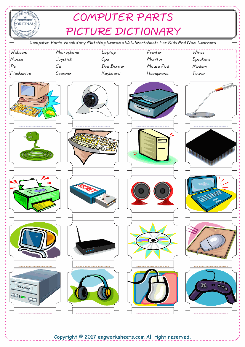  Computer Parts for Kids ESL Word Matching English Exercise Worksheet. 